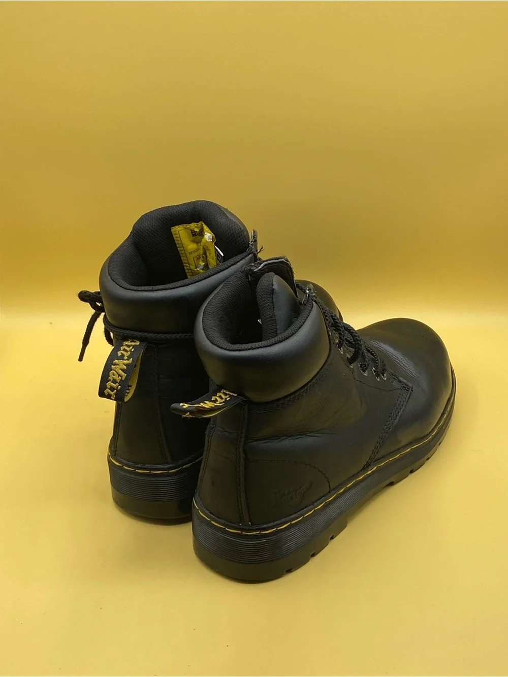 Dr. Martens Black Leather Lace-Up Work Boots with Yellow Stitching